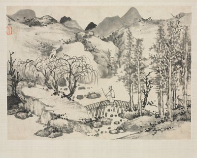 Landscape Album in Various Styles: Landscape with Artist on a Bridge by Zha Shibiao