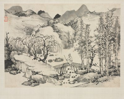 Landscape Album in Various Styles: Landscape with Artist on a Bridge by Zha Shibiao