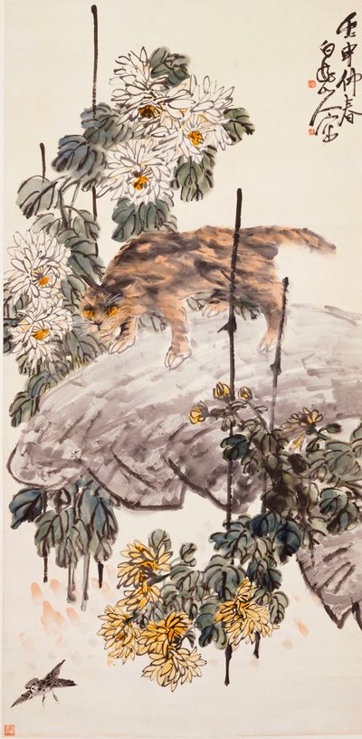Cat, Bird and Chrysanthemums by Zhen Wang