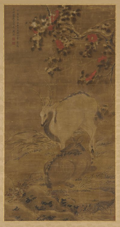 A Stag, a Doe, and Red Camellias in Snow by Zhou Yuan