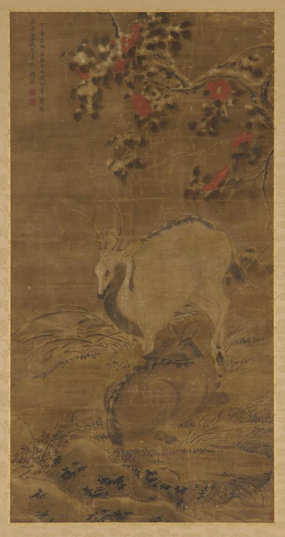 A stag, a doe, and red camellias in snow by Zhou Yuan