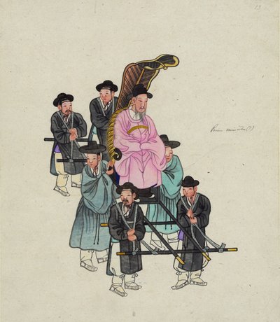 A Senior Korean Official, Possibly the Prime Minister, Being Carried in an Elaborate Sedan Chair, c. 1890 by . .