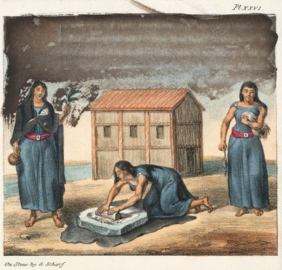 Araucano Indian Women Grinding Corn and Spinning, Chile by Frederick (attr. to) Barnard