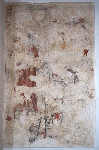 Burgundy, Lancharre, commune of Chapaize 71460. In the church Notre Dame, mural painting. Two knights in chain mail by . .