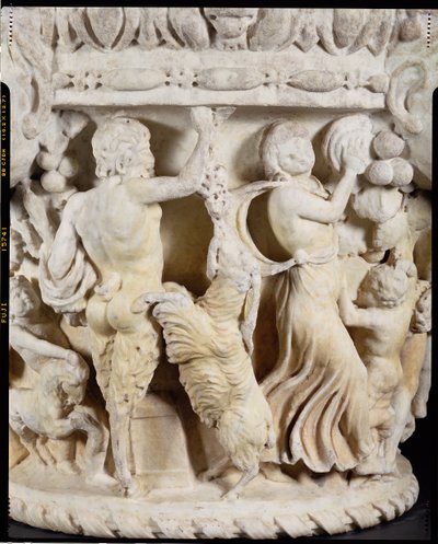 Carved column capital depicting Pan teasing a rearing goat with a bunch of grapes and a maenad beating time with a tambourine, Italian, from Rome, c.180-220 (detail) by Hippolyte Lalaise Devéria