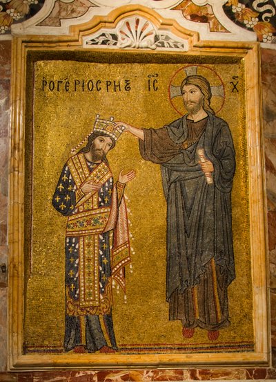 Interior Mosaic of King Roger II Receiving the Crown of Sicily from Christ, Piazza Bellini, Palermo, Sicily, Italy (photo) by . .