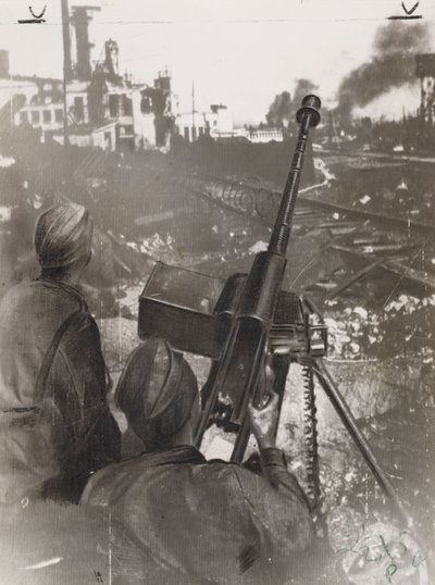 World War II (1939-1945): Two Russian anti-tank gunners defending a factory near a railway during the Battle of Stalingrad (Russia) in 1942 by Frederick (attr. to) Barnard