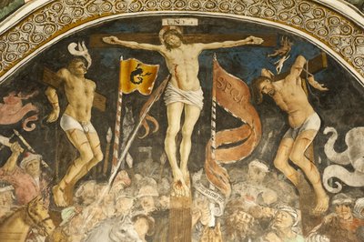 Famous crucifixion group by Hans Clemer, fresco in the choir, parish church of Chiesa Parocchiale, Elva, province of Cuneo, Piedmont, Italy by Ferdinand Georg Waldmuller