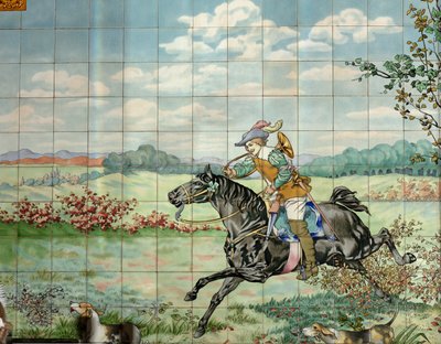 Interior view, tile panel, hunting scene with galloping rider with hunting horn by . .