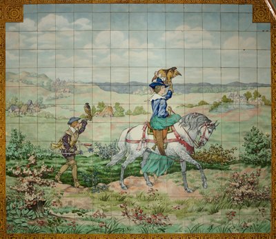Interior View, Tile Panel, Painter Furcy Ernest Tondeur, Executor Boch Frères La Louvière, Hunting Scene with a Nobleman and a Noblewoman with Falcons by . .