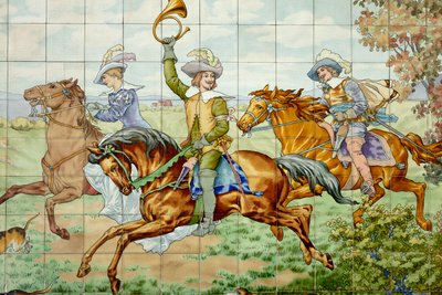 Interior view, tile panel, painter Furcy Ernest Tondeur, executor Boch Frères La Louvière, first panel, hunting scene with three horsemen, (detail) by . .