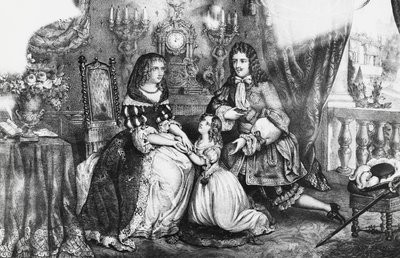 King Louis XIV and his daughter begging the Duchess Louise de La Valliere not to retreat into the convent by Georg Carl Heinrich Dollmann