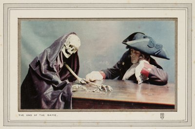 The End of the Game: a man with a skeleton symbolizing Death and collecting coins by John Pardon