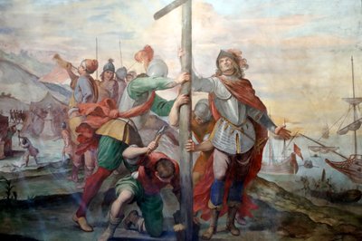 Landing Christopher Columbus. Fresco. Palazzo Fieschi-Crosa Di Vergagni. Genoa. Italy by . .