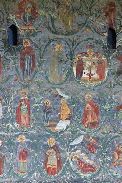 Monastery (manastirea Sucevita). The church. Exterior. The south wall. Mural painting by . .