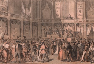 Plebiscite for annexation to Italy, hall of University of Naples, Campania, Italian Risorgimento, lithograph by Carlo Perrin from drawing by Carlo Bossoli by William Walcutt