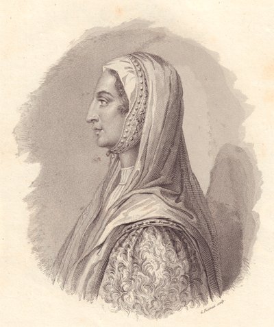 Portrait of Italian noblewoman Beatrice Lascaris di Tenda (1372-1418), copper engraving by G Fusinati from portrait published by Antonio Campo by William Walcutt
