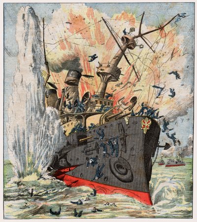 Russian warship sunk by a Japanese mine in Port Arthur by . .