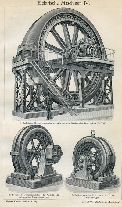 Science and technology board representing industrial electric machines with three-phase current. Illustration taken from Meyers Grosses Konversations-Lexikon 1904. Bibliographers Institut, Leipzig und Wien by Ferdinand Georg Waldmuller
