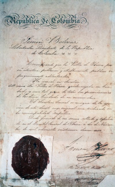 The act by which Simon Bolivar declared the city of San Miguel de Ibarra, capital of the surrounding province, at that time part of Greater Colombia (today Ecuador), November 2 by Georg Carl Heinrich Dollmann