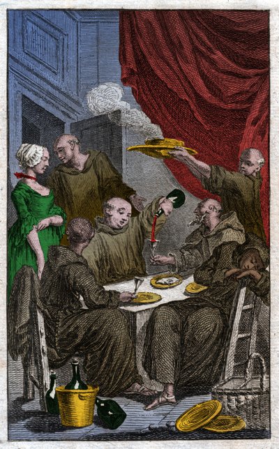 The Feast of Monks Violating Monastic Rules. They Drink Wine, Court the Maids. 18th Century (engraving) by . .