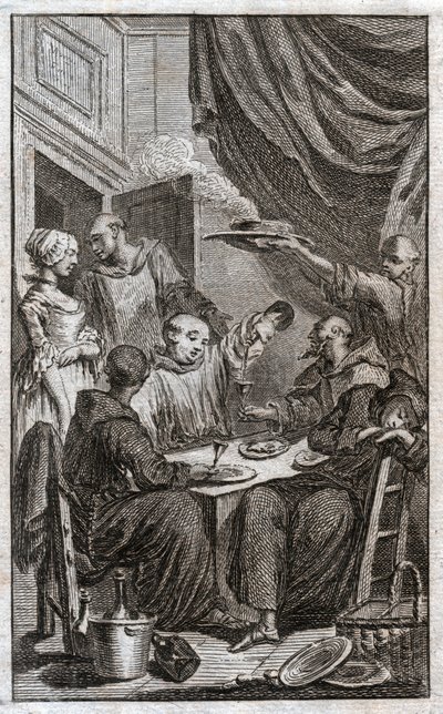 The Feast of Monks Violating Monastic Rules. They Drink Wine, Court the Maids. 18th Century (engraving) by . .