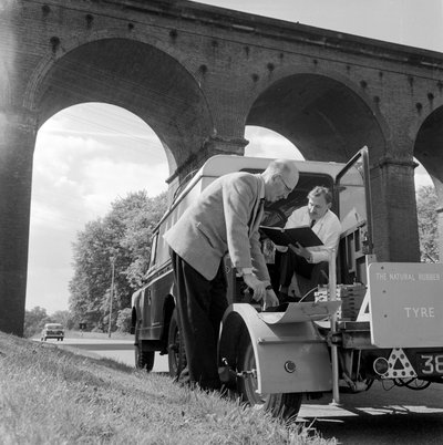 The Laboratories Trailer on Road Making Tests, Natural Rubber Company by Frederick (attr. to) Barnard