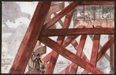 Tourists on the Stairs of the Eiffel Tower, Paris. Chefs Cooking in the Restaurant on the First Floor. 1889 by . .