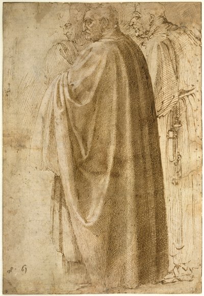 Three Standing Men in Wide Cloaks Turned to the Left by Michelangelo