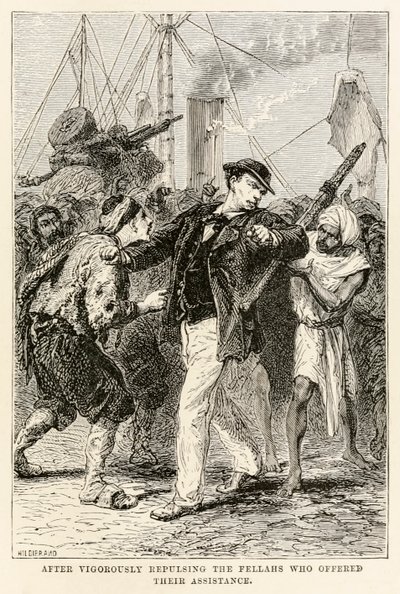 After vigorously repulsing the fellahs who offered their assistance, from Around the World in Eighty Days by Jules Verne by after Alphonse Marie de Neuville