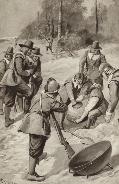 The Pilgrim Fathers strike the sand and find corn by after Charles Mills Sheldon