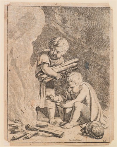 Two Children Making Fire by after Cornelis Holsteyn