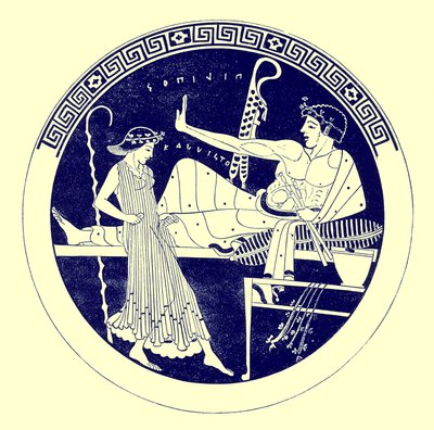 Dancing Girl and Feasting Youth, illustration from Greek Vase Paintings by J. E. Harrison and D. S. MacColl, published 1894 by after English School