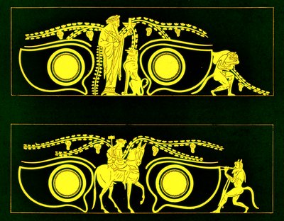 Dionysos, Hephaistos and Satyrs, illustration from Greek Vase Paintings by J. E. Harrison and D. S. MacColl, published 1894 by after English School
