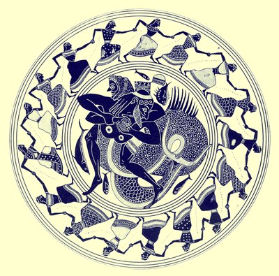 Herakles Wrestling with Triton, illustration from Greek Vase Paintings by J. E. Harrison and D. S. MacColl, published 1894 by after English School