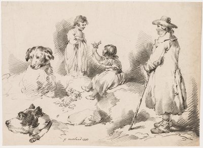 Studies of Children (Two Little Girls); Two Dogs; A Man by after George Morland