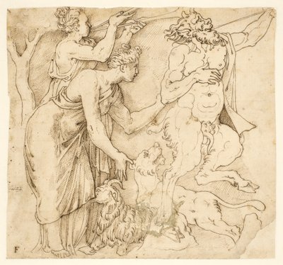 A Satyr, Two Women, a Lion and a Goat by after Giulio Romano