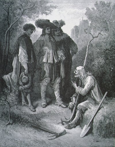 Illustration for The Old Man and the Three Young Men, from Fables by Jean de La Fontaine by Gustave after Dore