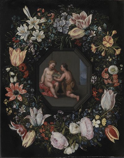 Wreath of Flowers with Jesus and the Infant John by after Hendrik van Balen d.Æ.