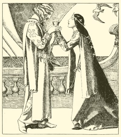 Belle Isoult and Sir Tristram drink the love draught by after Howard Pyle