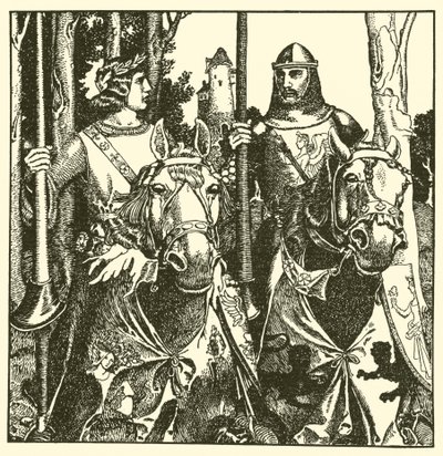 Sir Percival and Sir Lamorack ride together by after Howard Pyle