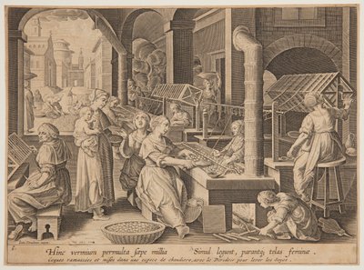 Unwinding the Silk Cocoons by after Jan van der Straet, called Stradanus