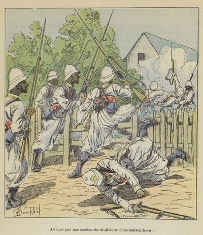 Attack by a Section of Skirmishers on a Hova House by after Louis Charles Bombled