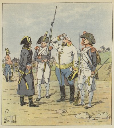 Bonaparte interrogates a fat Austrian major prisoner by after Louis Charles Bombled