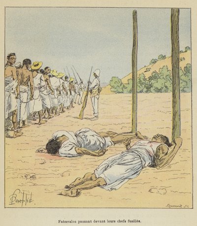 Fahavalos passing in front of their executed chiefs by after Louis Charles Bombled