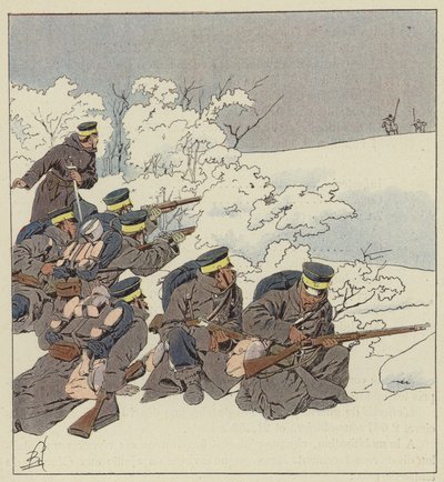 Japanese Infantry in Winter Campaign Uniform by after Louis Charles Bombled