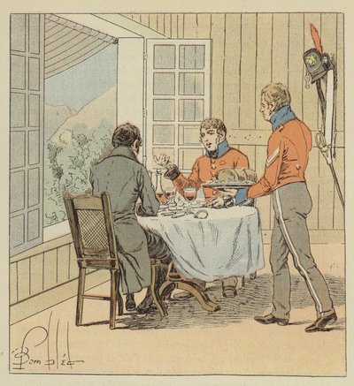 Las-Cases Dines with the Guard Officer by after Louis Charles Bombled