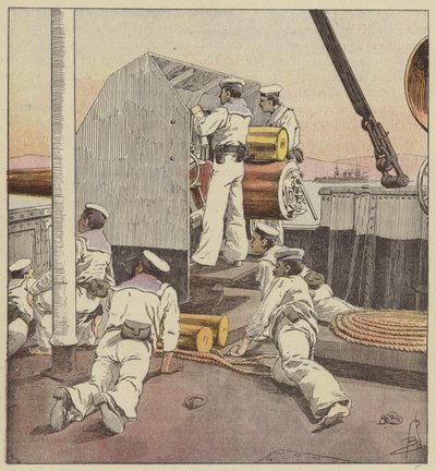 Japanese Sailors Bombarding the Chinese Fleet at the Yalu by after Louis Charles Bombled