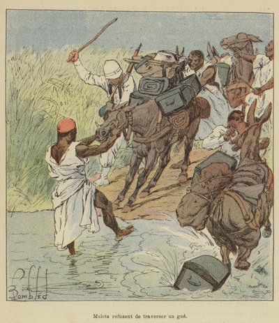 Mules Refusing to Cross a Ford by after Louis Charles Bombled