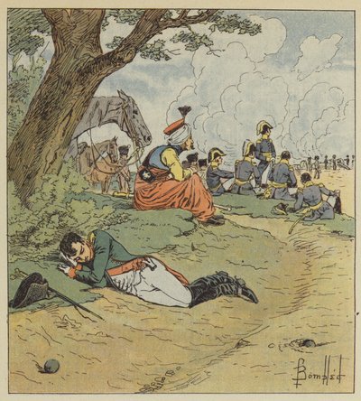 Napoleon sleeping during the battle by after Louis Charles Bombled